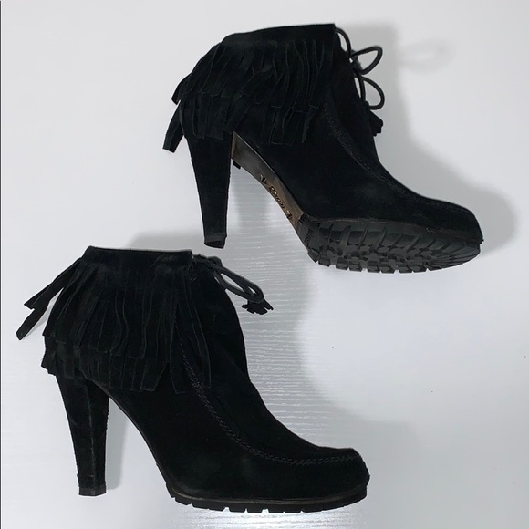 GUCCI Suede Ankle Boot | Heeled Moccasins With Fringe and Tassel Ties - Picture 3 of 14